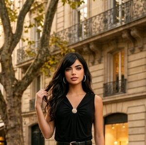 Anne Klein Black Sleeveless V-Neck Top with Gold-Tone Decorative Medallion